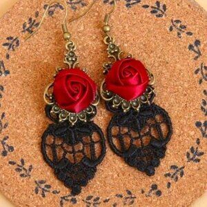 Goth Vampire Black Lace Twilight Rose Earrings